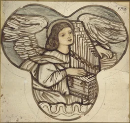 Design för målat glas i Lyndhurst Church: An Angel Organist, 1886 (brunt och blått tvättar över grafit)